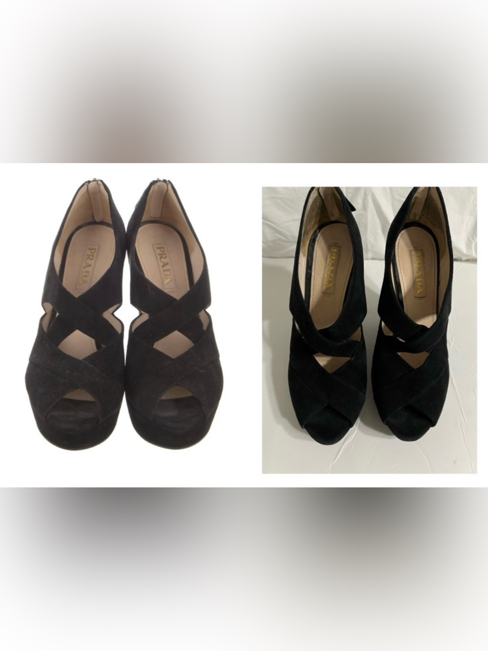 Prada Suede Sandals Black Cutout Accent Slingback Wedge Style Quality Leather